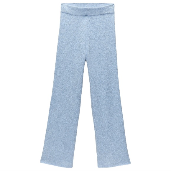 ZARA Wool High Waisted Wide Leg Textured Knit Pull On Trouser Lounge Pants Blue - Picture 7 of 16